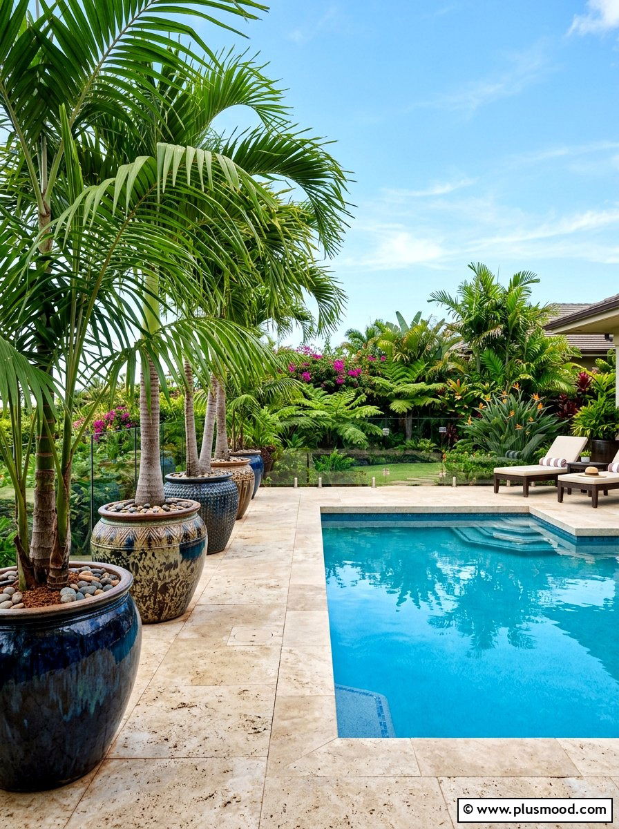 Potted palms - 25 summer poolside decor ideas