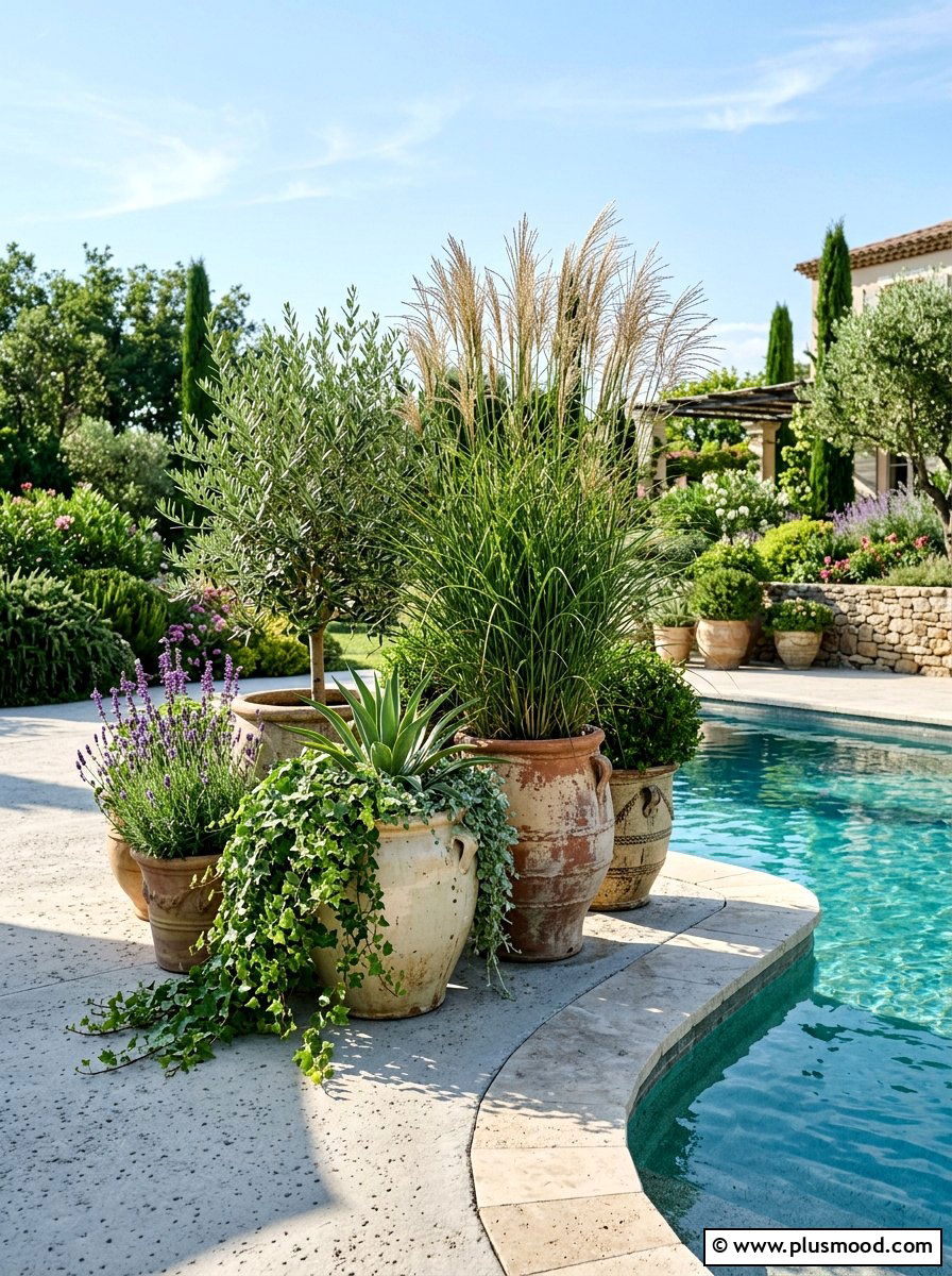 Potted plant pool arrangement - 25 pool landscaping ideas for above ground pools