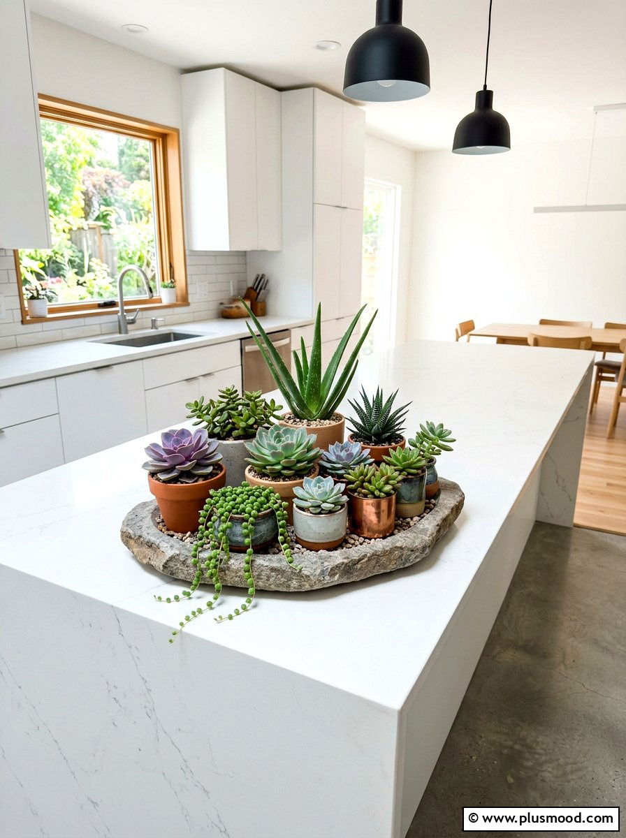 Potted succulent kitchen display - 25 summer kitchen centerpiece ideas