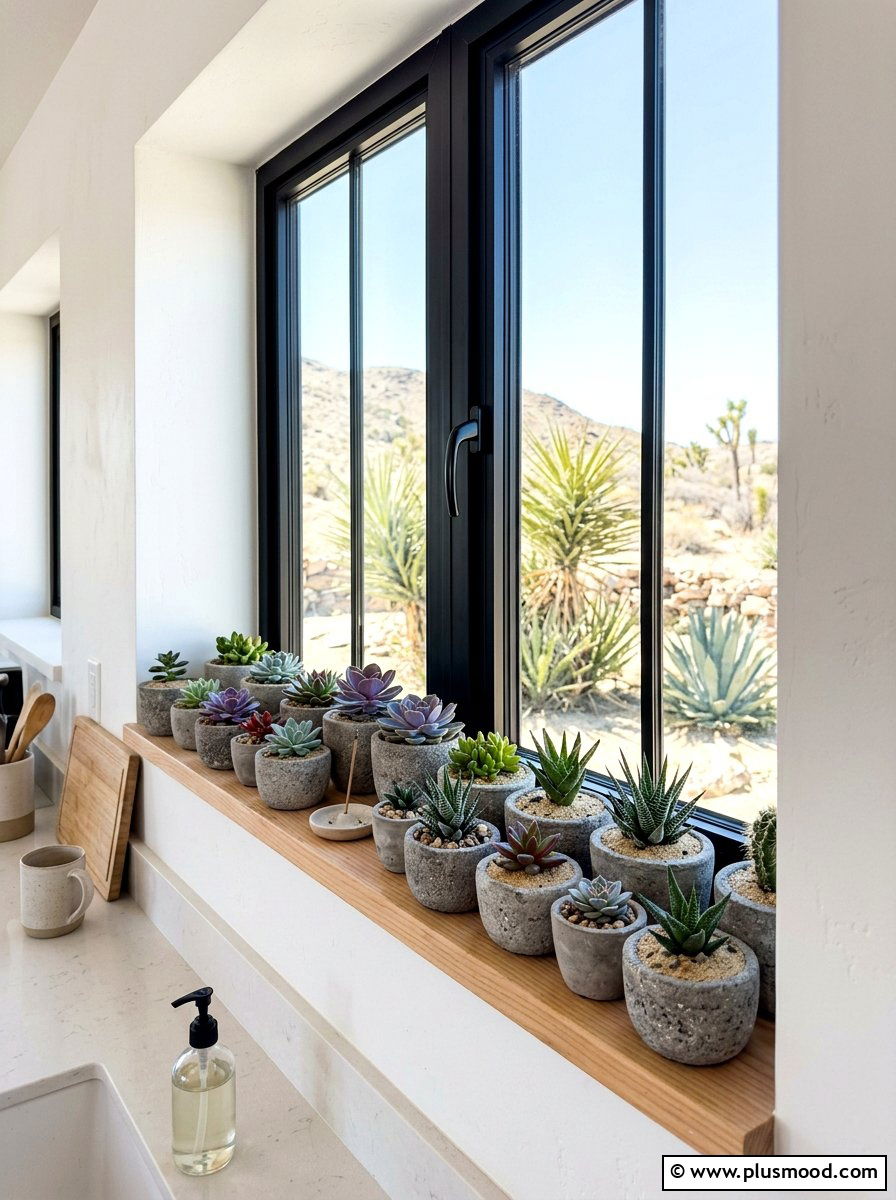 Potted succulent ledge - 25 summer kitchen window decor ideas