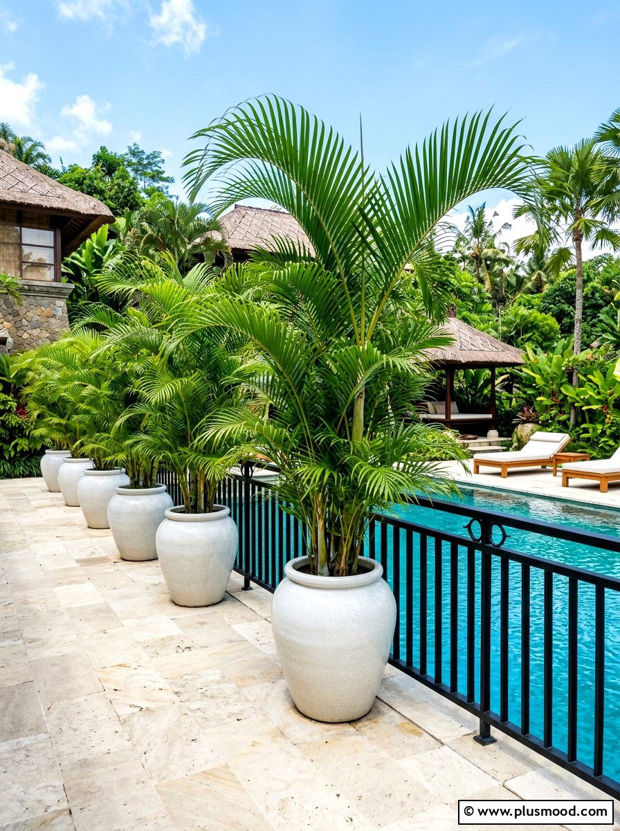 Potted tropical palms along pool fence - 25 summer pool fence decor ideas