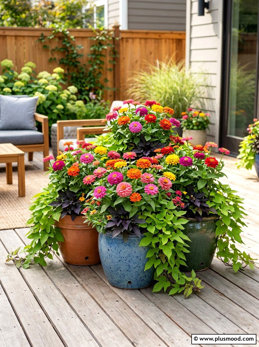Potted zinnia container display - 25 summer zinnia garden ideas