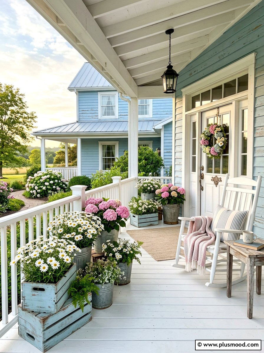 Powder Blue Farmhouse Porch - 25 summer blue planter styling ideas
