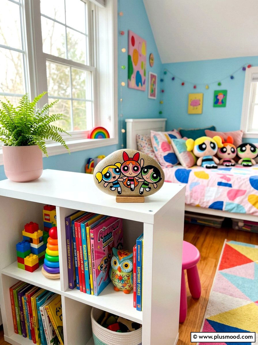 Powerpuff Girls Painted Stone - 25 painted rock ideas with cartoon characters