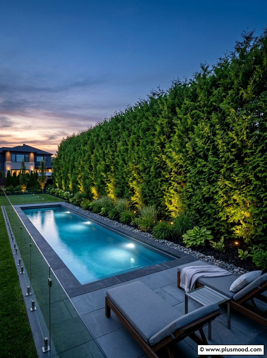 Privacy Hedge With Hidden Spotlights - 25 pool landscaping ideas with night lighting