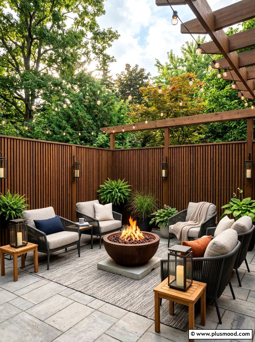 Privacy Screen Fire Bowl Patio - 25 small backyard ideas with fire bowl