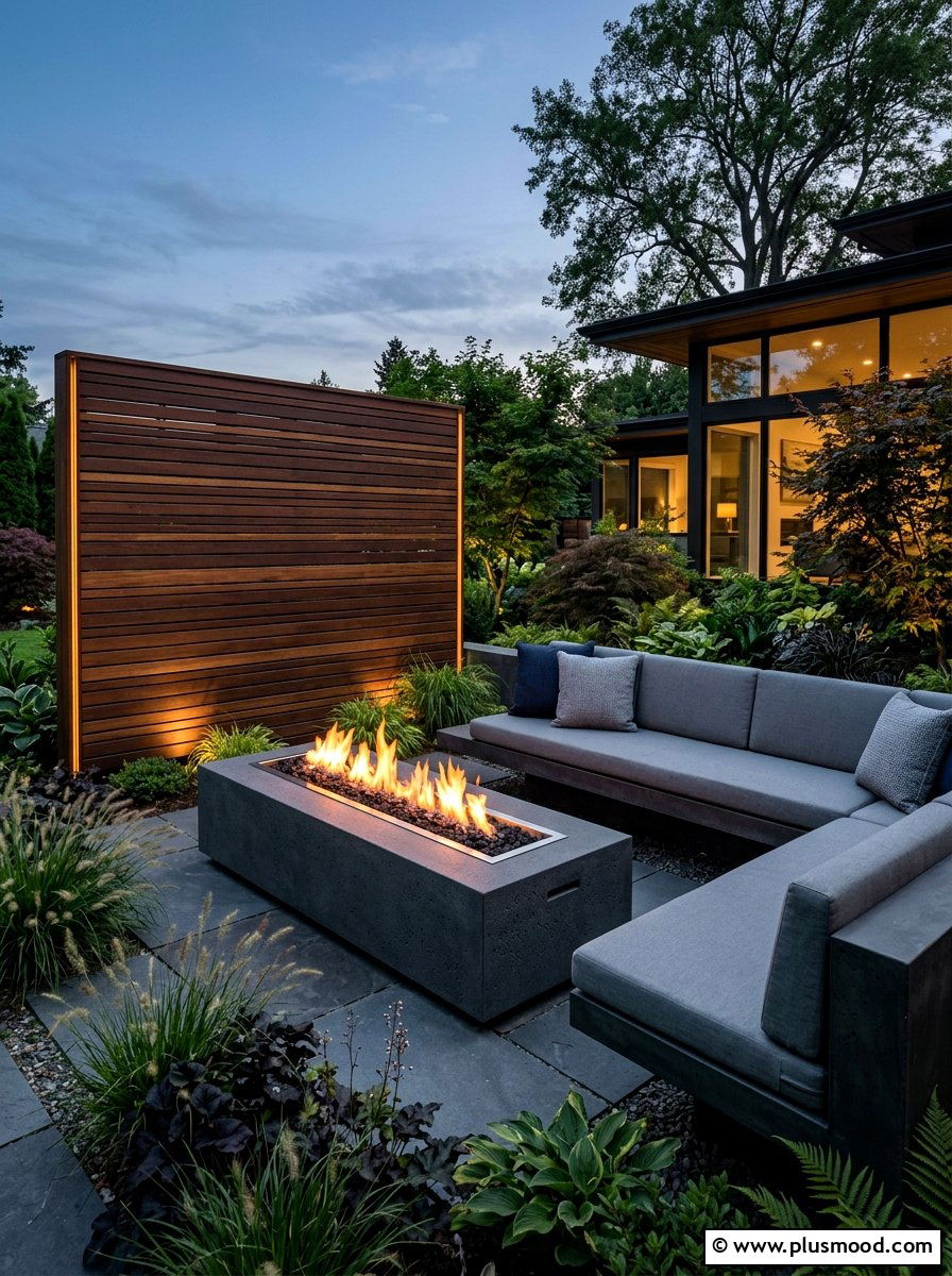 Privacy Screen Linear Fire Table - 25 small backyard ideas with fire table