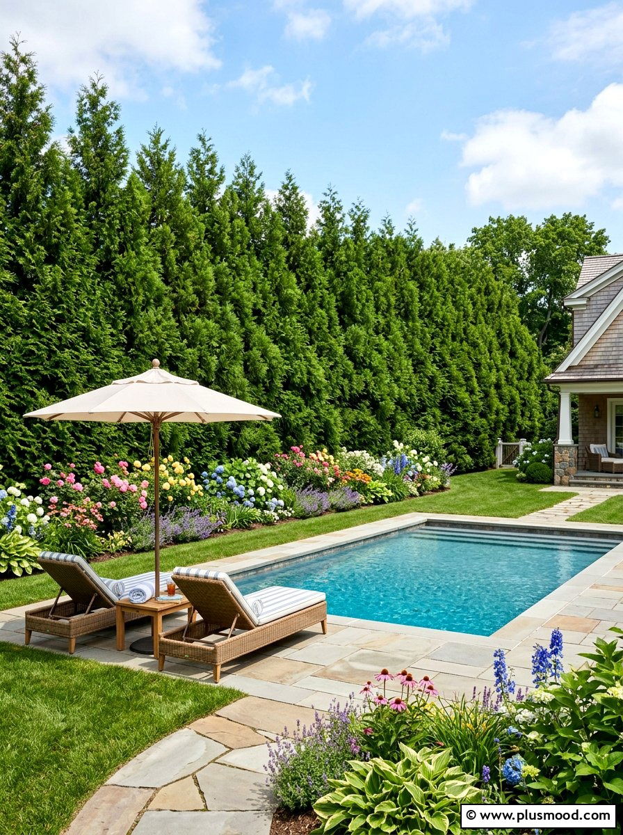 Privacy hedge flower beds pool - 25 pool landscaping ideas with flower beds