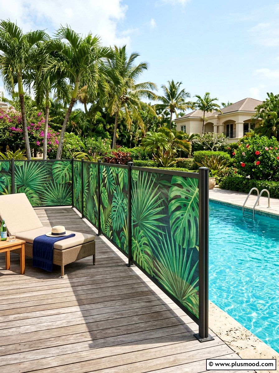 Privacy mesh with tropical prints pool - 25 summer pool fence decor ideas