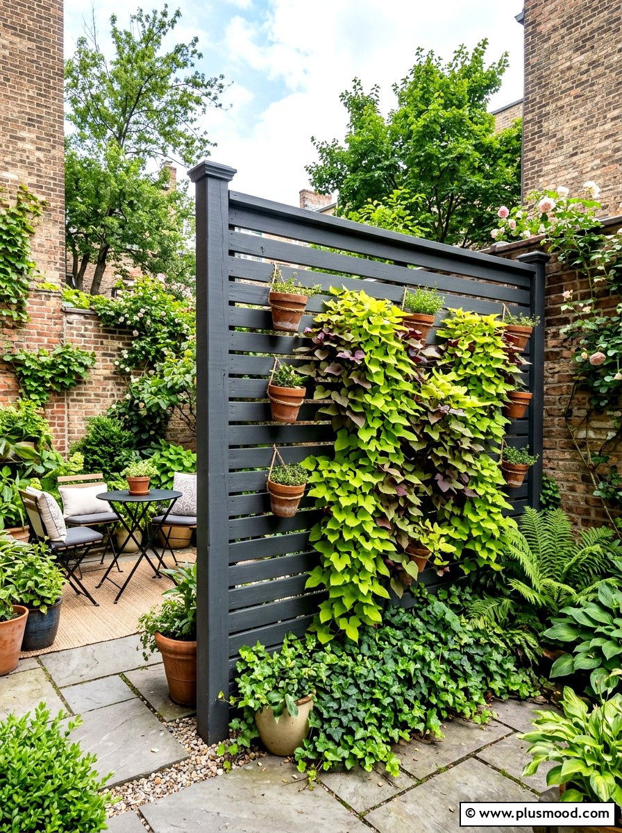 Privacy screen with hanging plants - 25 small backyard ideas with hanging plants