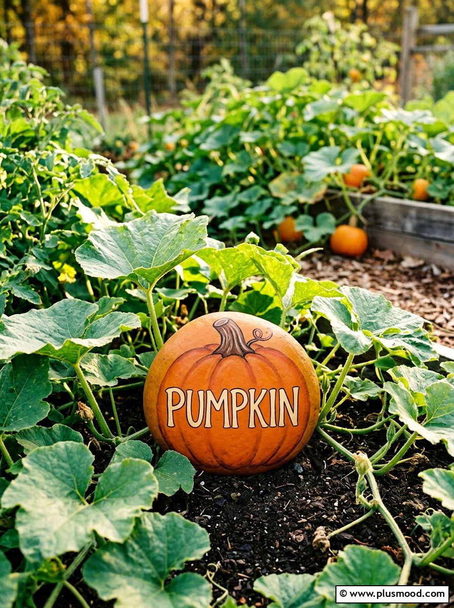 Pumpkin Garden Marker - 25 painted rock ideas for plant markers