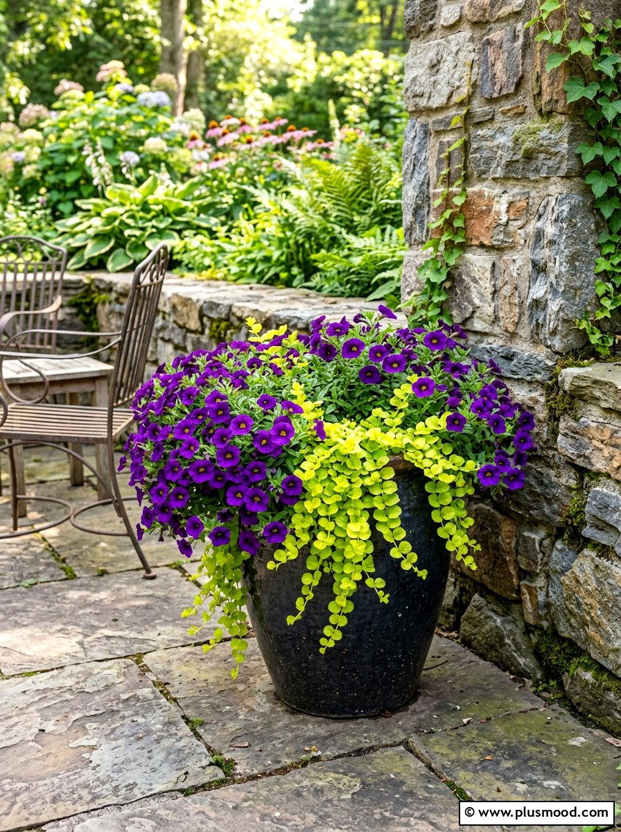 Purple Calibrachoa And Creeping Jenny Container - 25 summer planters with calibrachoa ideas