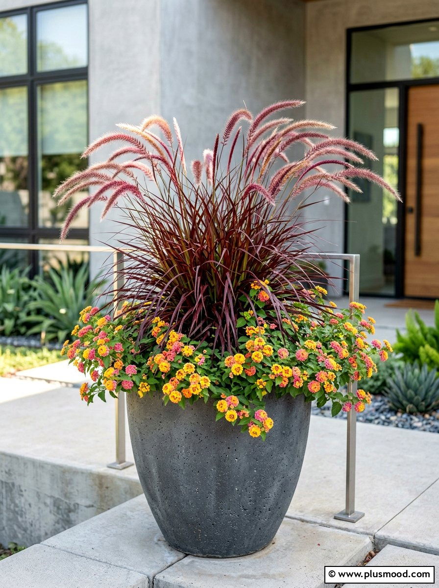 Purple Fountain Grass And Lantana - 25 summer flower pot arrangement ideas for front porch