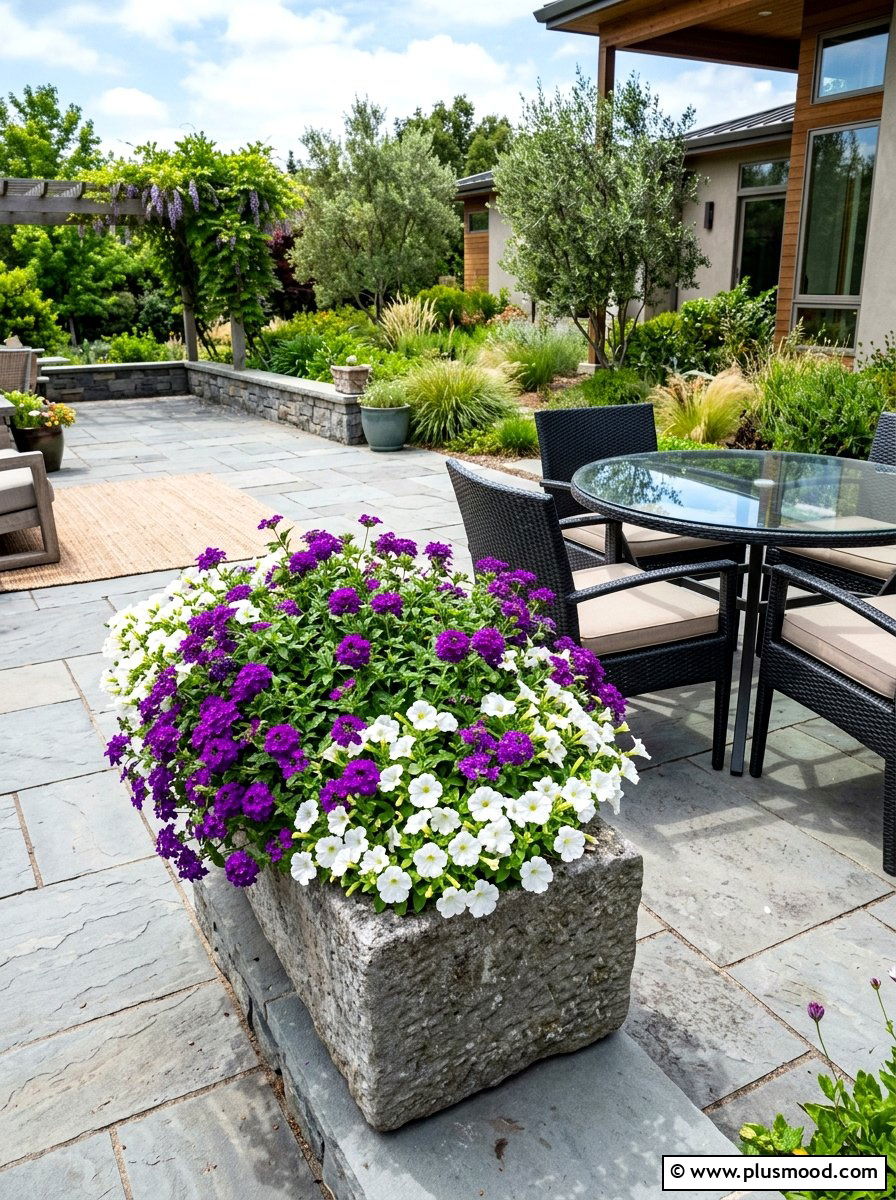 Purple Lantana And White Petunia Pot - 25 summer planters with lantana ideas