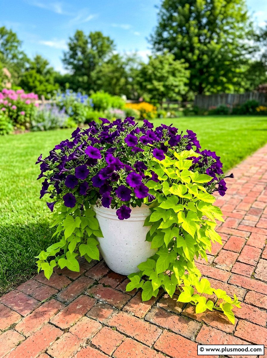Purple Petunia And Sweet Potato Vine - 25 summer mixed container ideas