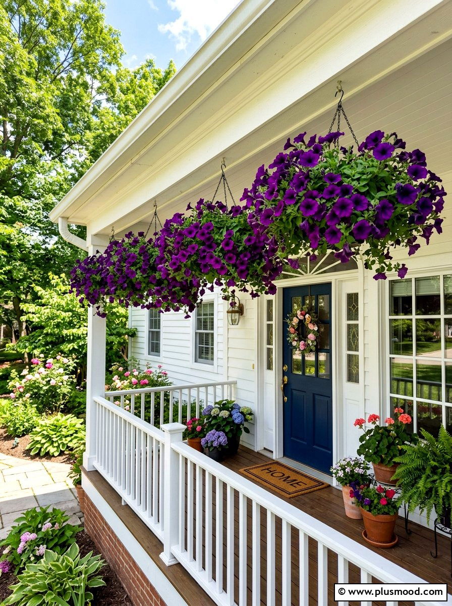 Purple Petunia Hanging Baskets - 25 summer colorful front porch ideas