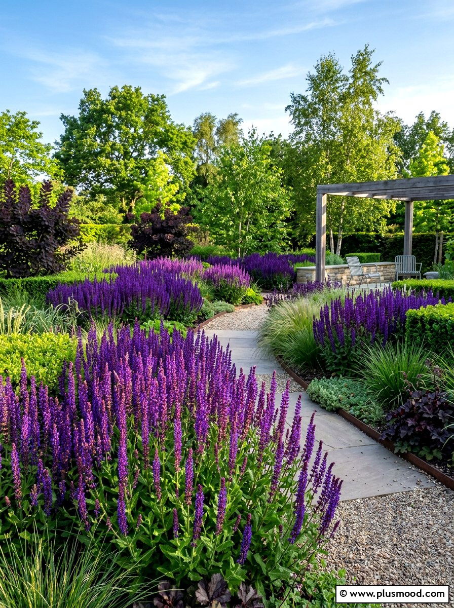 Purple Salvia Garden - 25 summer foundation planting ideas