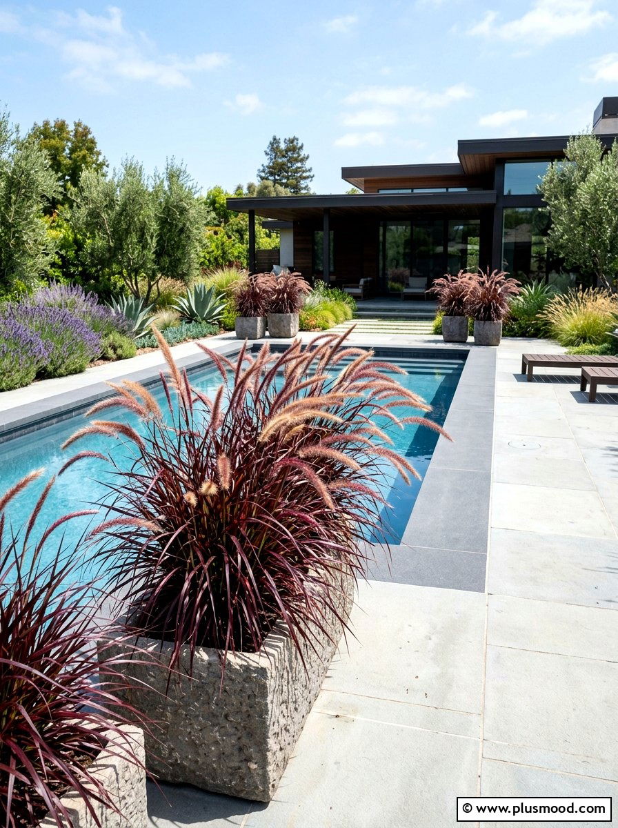 Purple fountain grass around pool - 25 pool landscaping ideas with ornamental grasses