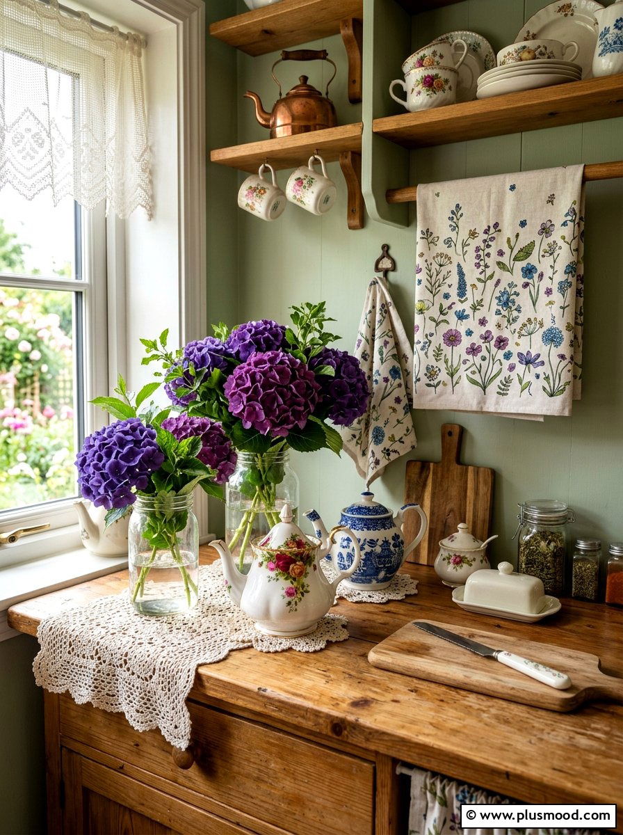 Purple hydrangea cottagecore kitchen - 25 summer kitchen decor ideas with hydrangeas