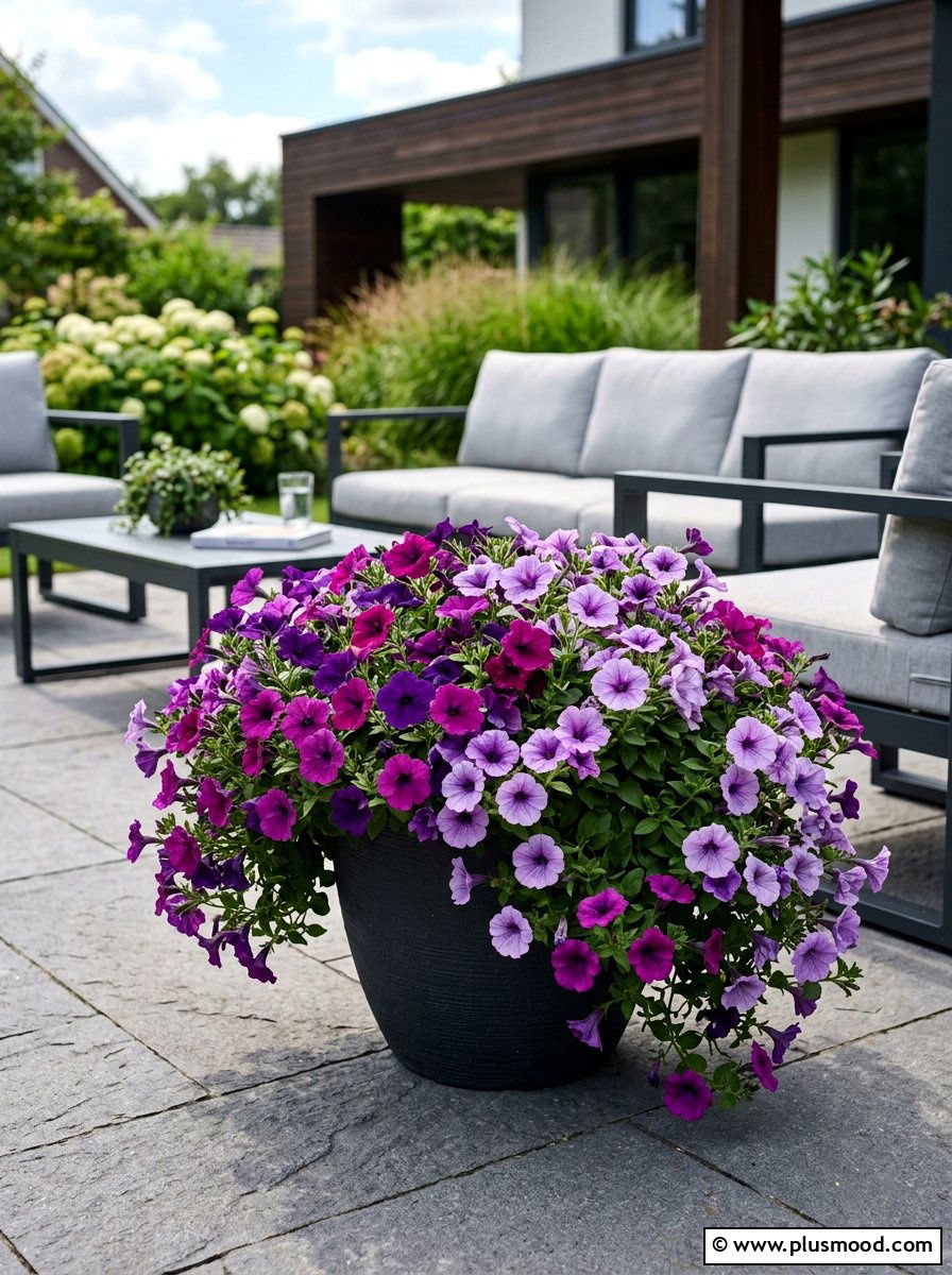 Purple petunia arrangement - 25 summer monochrome planter ideas