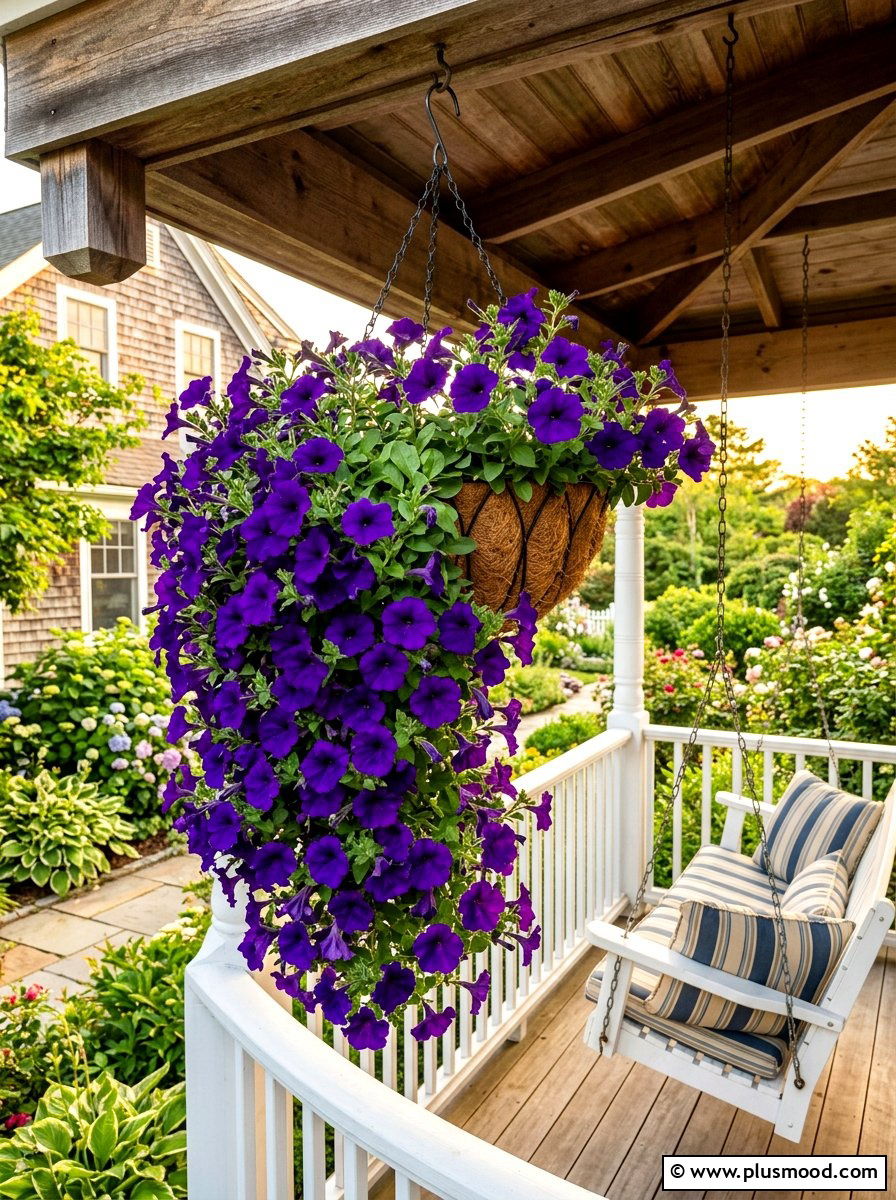 Purple petunia hanging basket - 25 summer front porch planter ideas