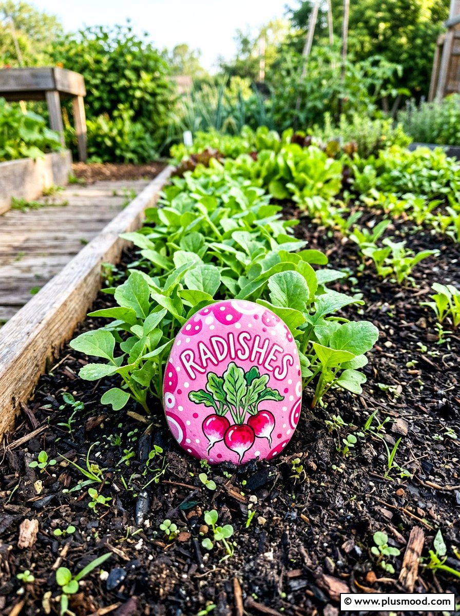 Radish Garden Marker - 25 painted rock ideas for plant markers