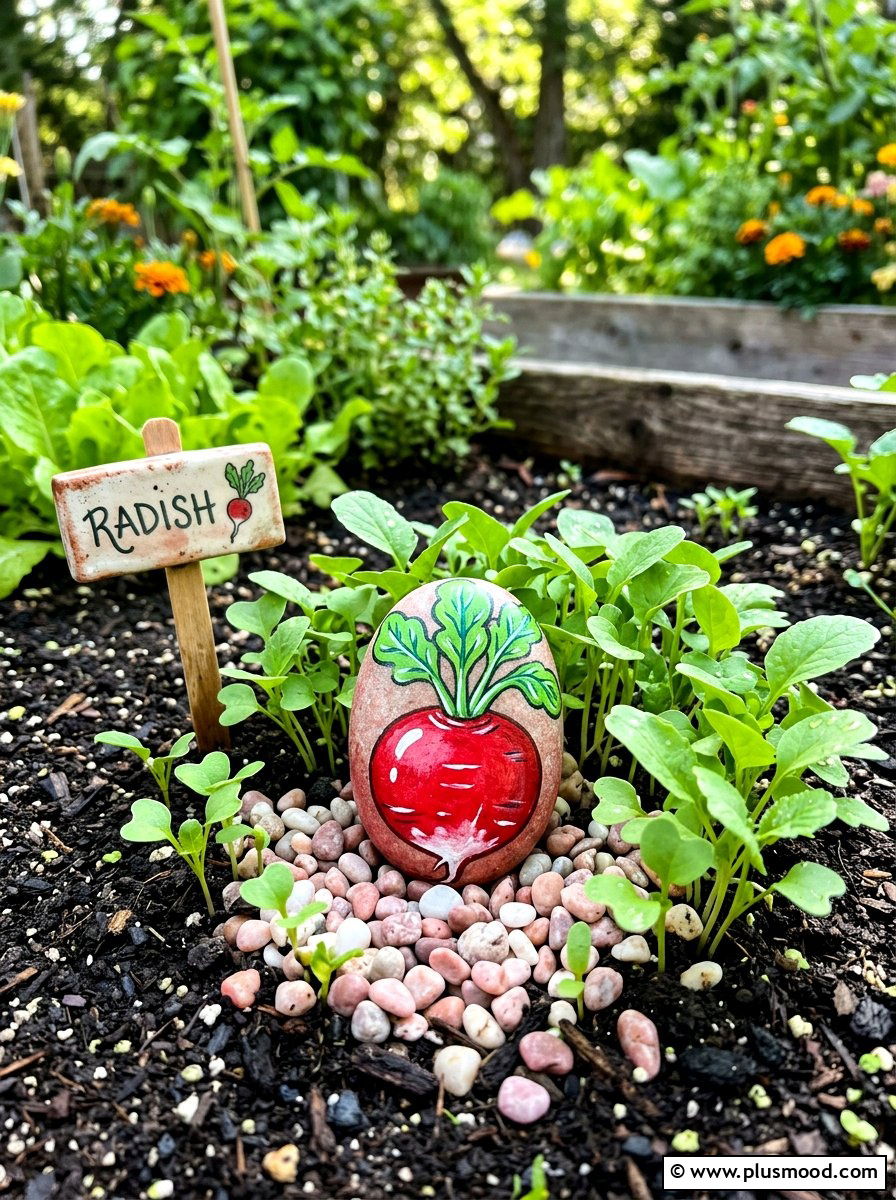 Radish rock painting - 25 painted rock ideas with vegetable garden labels