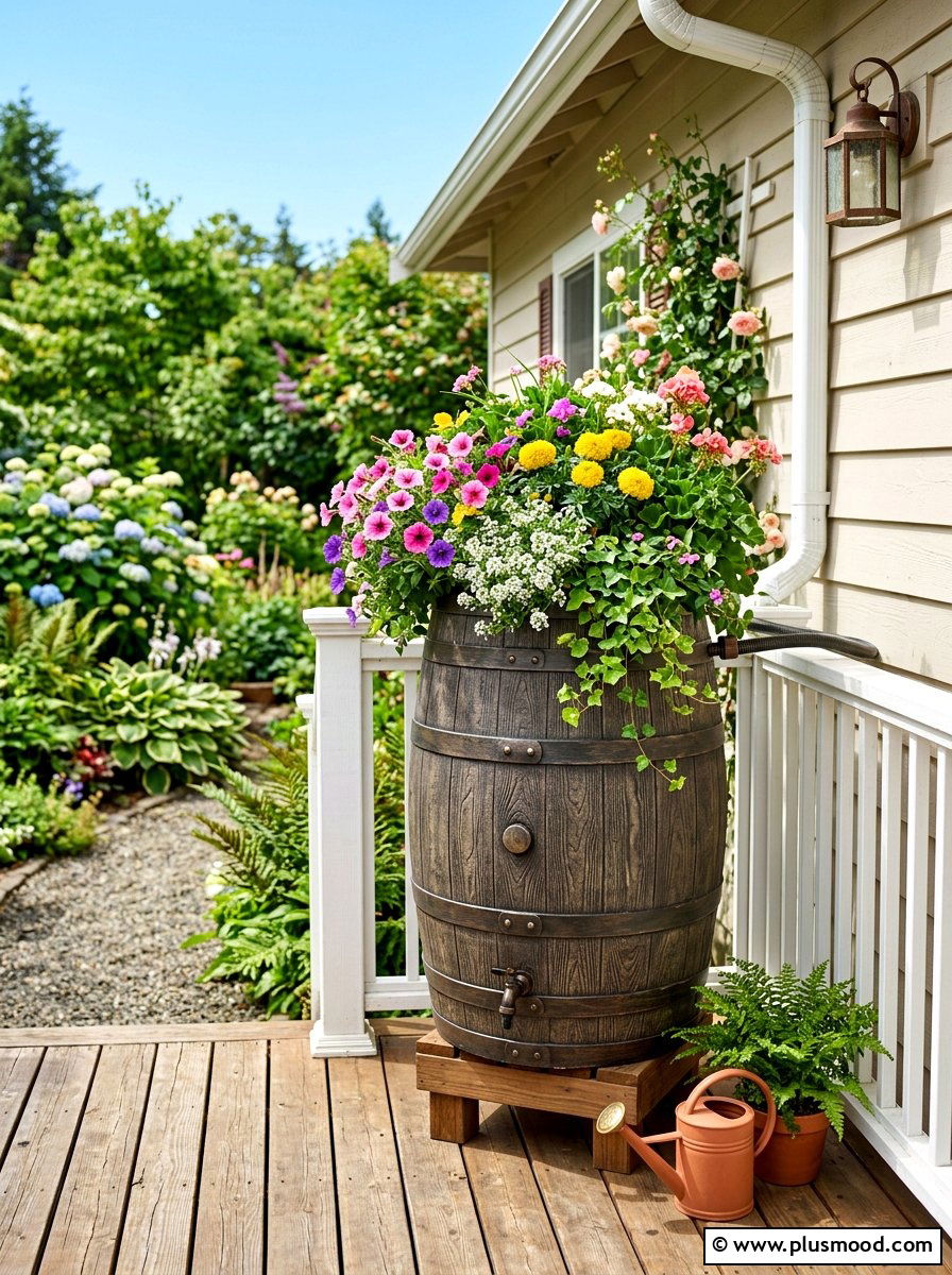 Rain Barrel Planter - 25 budget summer front porch decor ideas