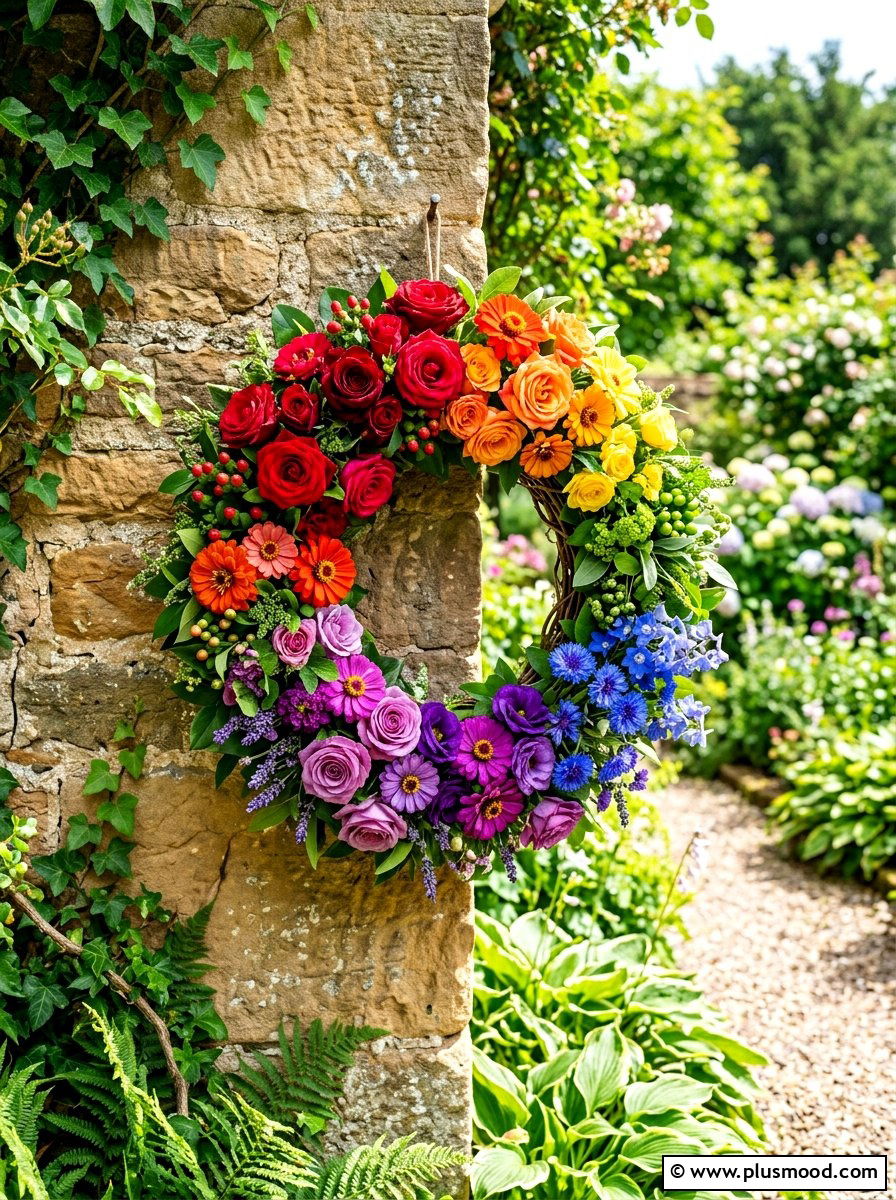 Rainbow Flower Wreath - 25 summer wreath ideas for front door