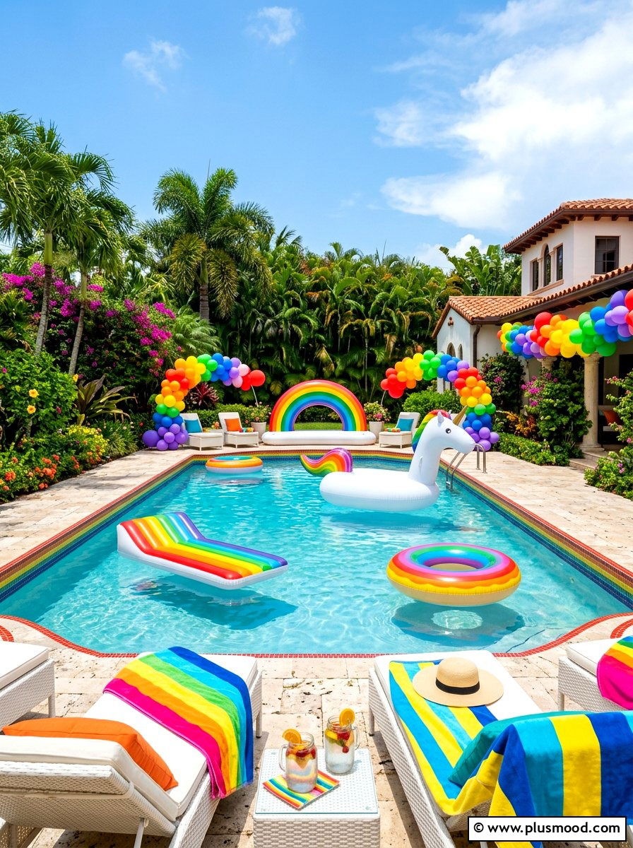 Rainbow Pool Setup - 25 summer pool party setup ideas