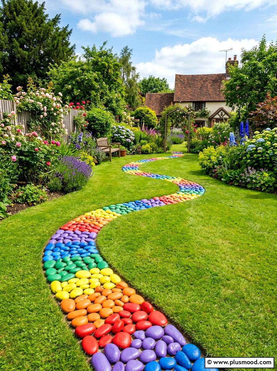 Rainbow Rock Path - 25 painted rock ideas for garden