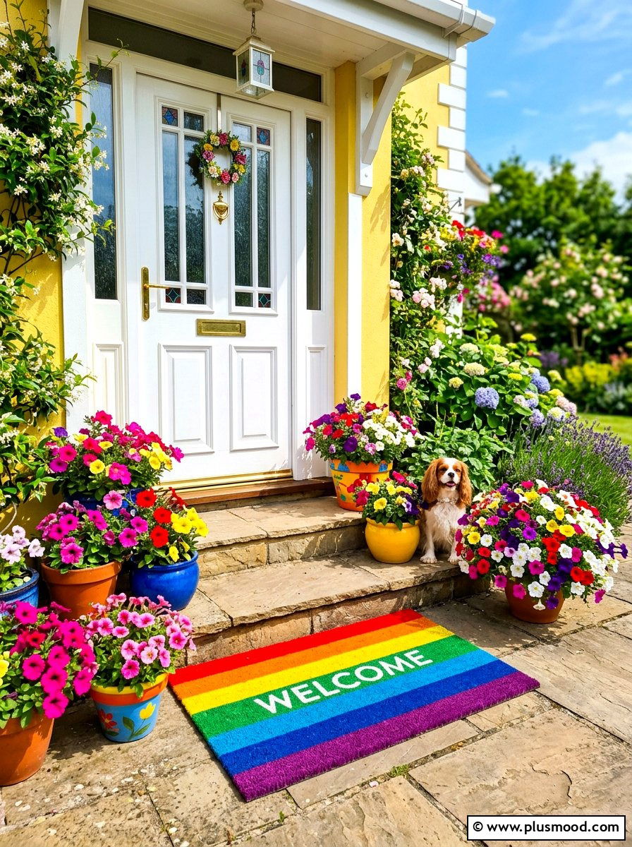 Rainbow Stripe Welcome Mat - 25 summer front porch mat ideas
