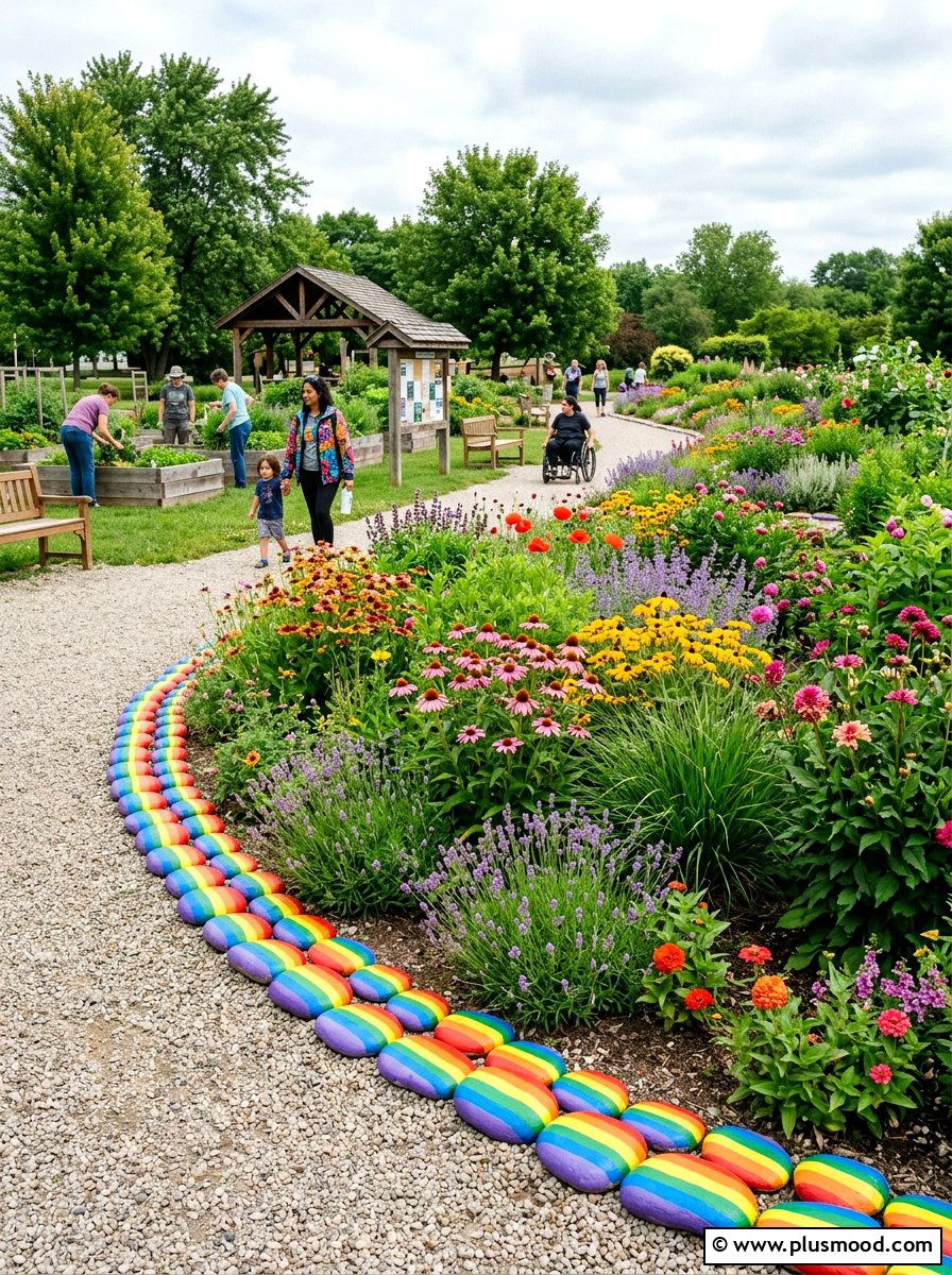 Rainbow Striped Stone - 25 painted rock ideas for pathway markers
