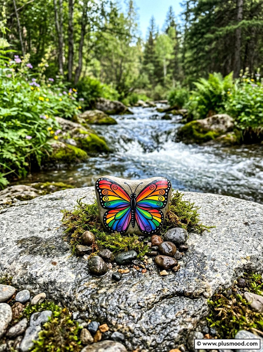 Rainbow butterfly stone - 25 painted rock ideas with rainbow design