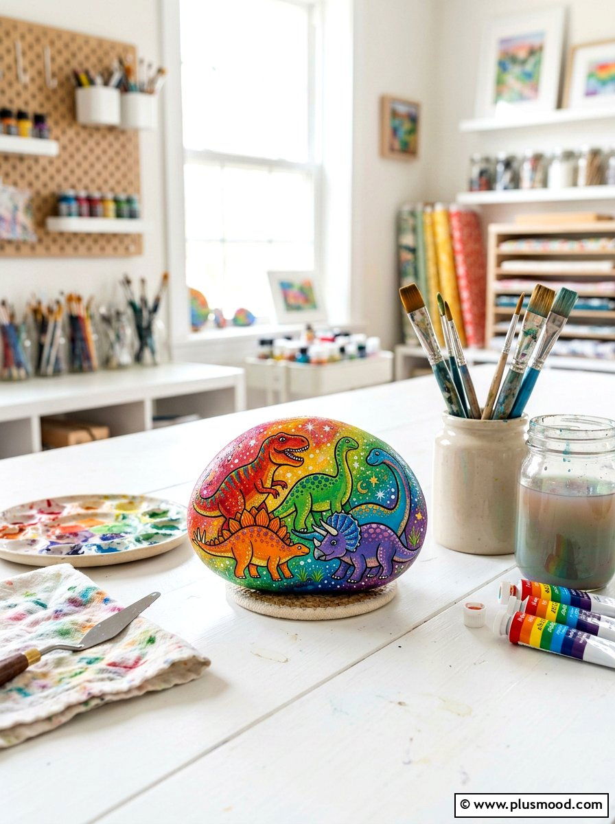 Rainbow colored dinosaur group - 25 painted rock ideas with dinosaur art