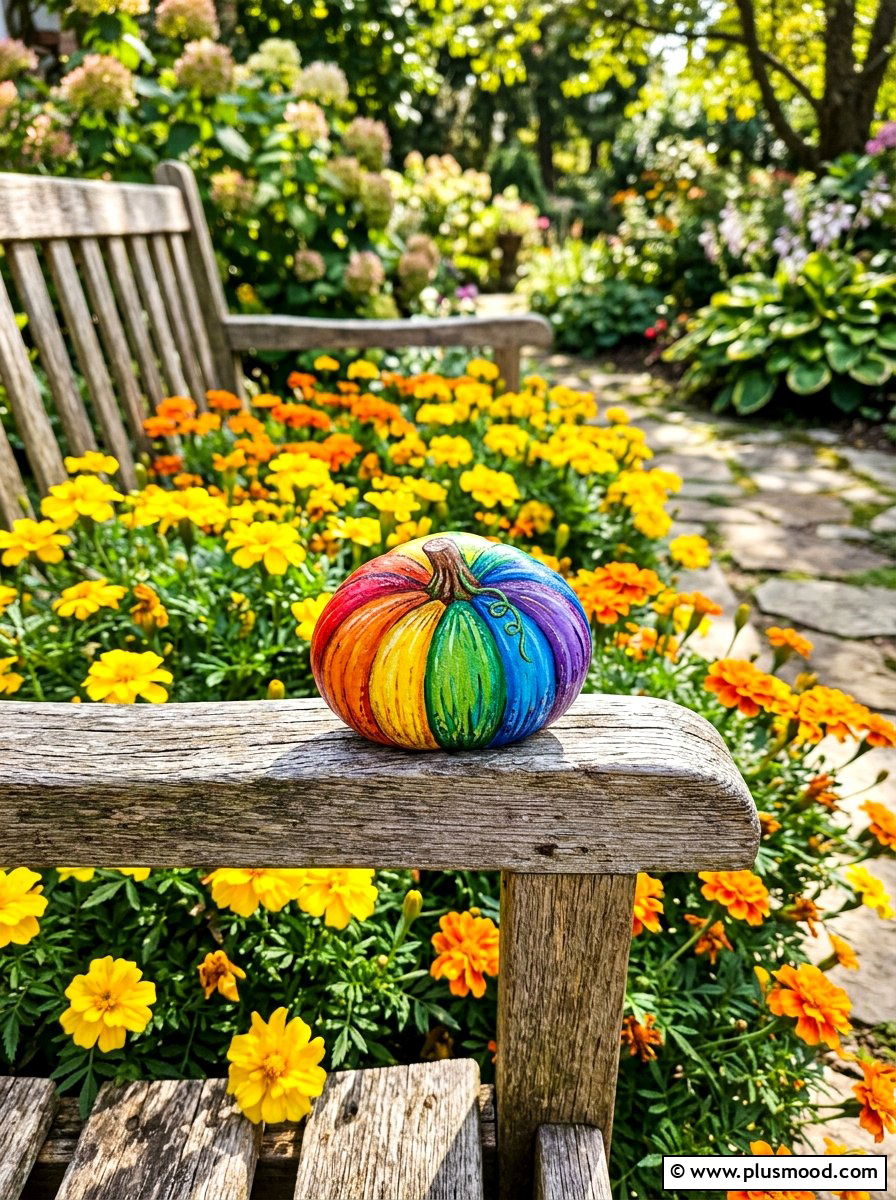 Rainbow colored pumpkin rock - 25 painted rock ideas with pumpkin art