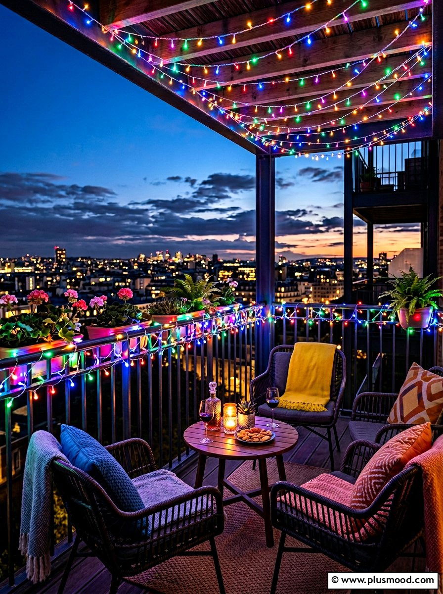 Rainbow fairy lights - 25 summer colorful balcony ideas