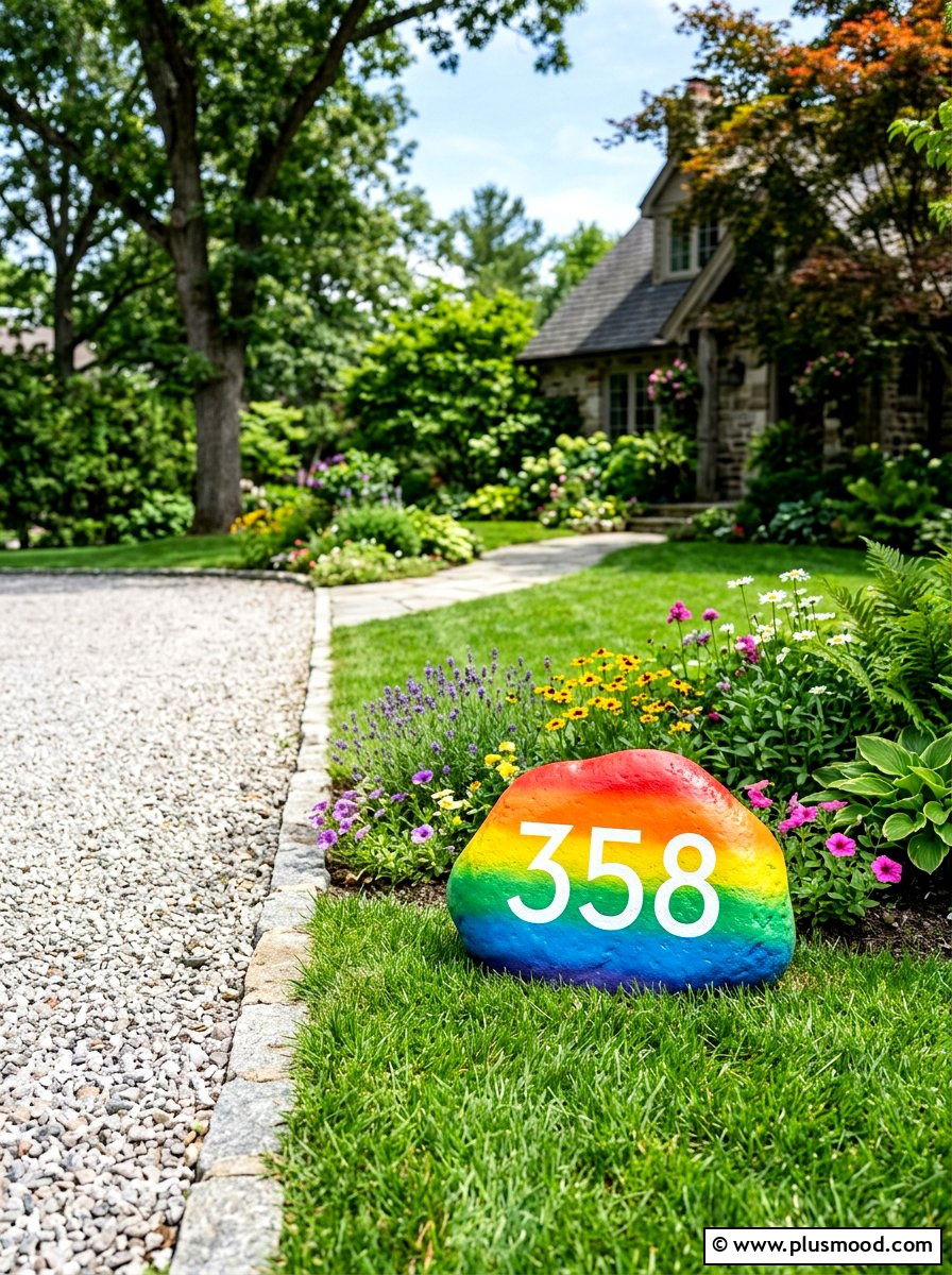 Rainbow house numbers on rock - 25 painted rock ideas for address markers