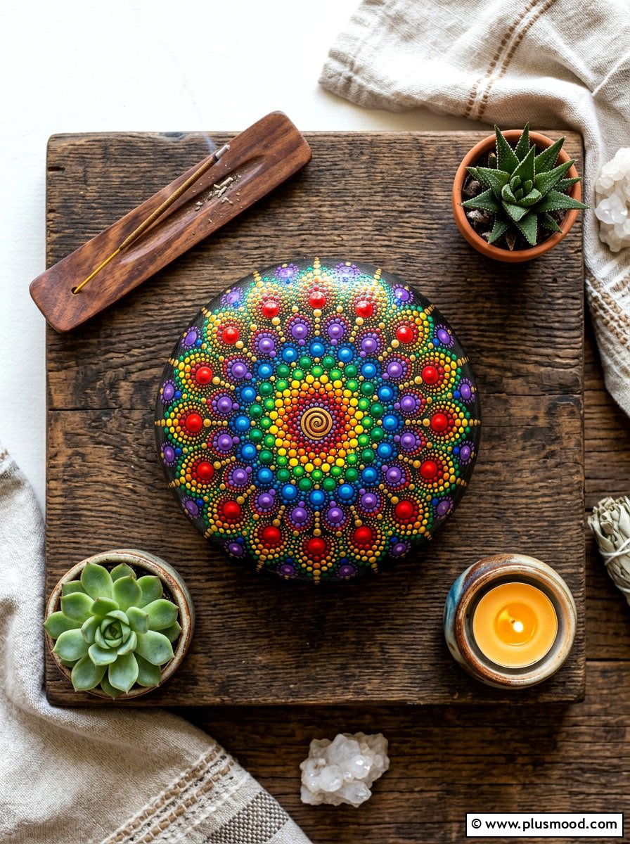 Rainbow mandala stone - 25 painted rock ideas with rainbow design
