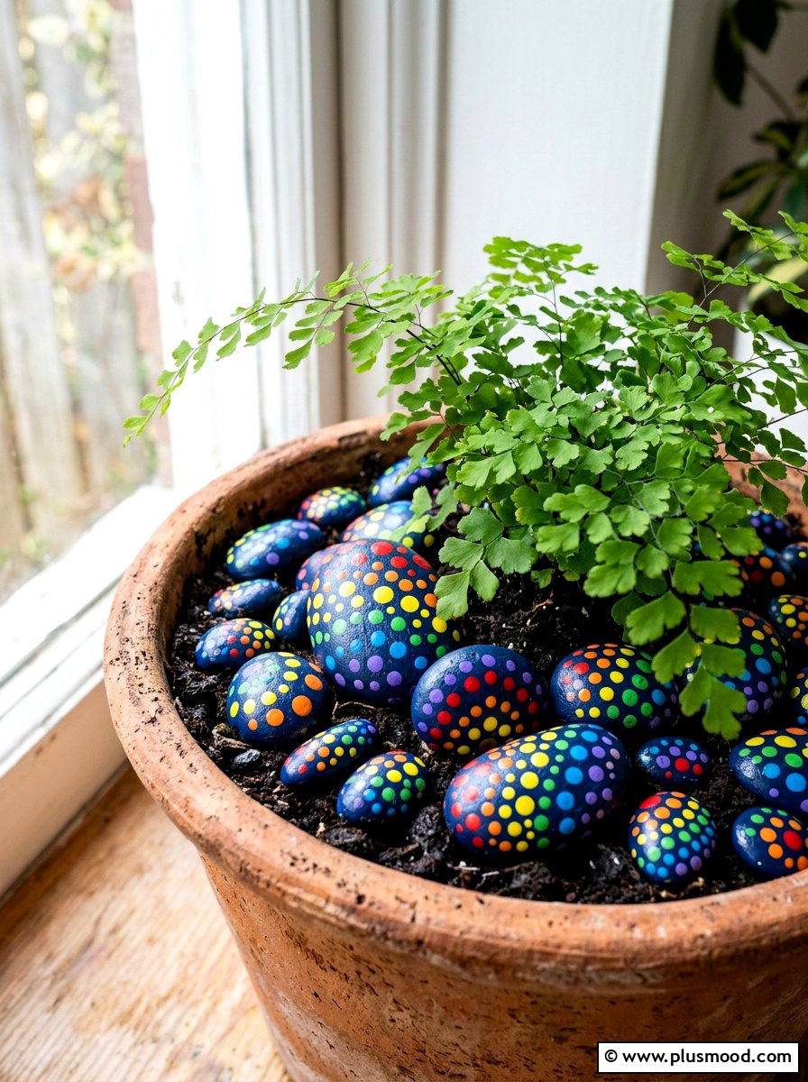 Rainbow polka dot rock - 25 painted rock ideas with rainbow design