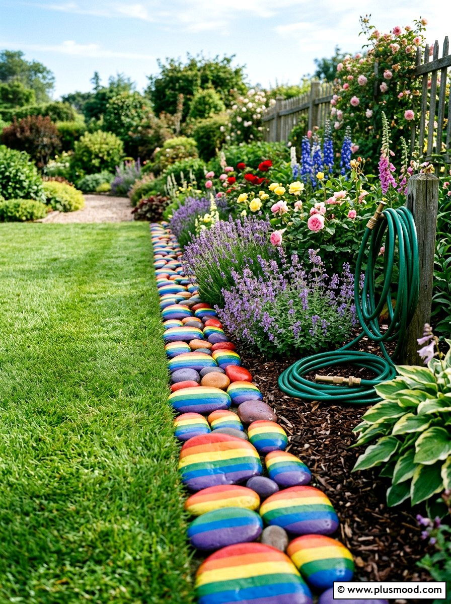 Rainbow stripe river stone - 25 painted rock ideas with rainbow design