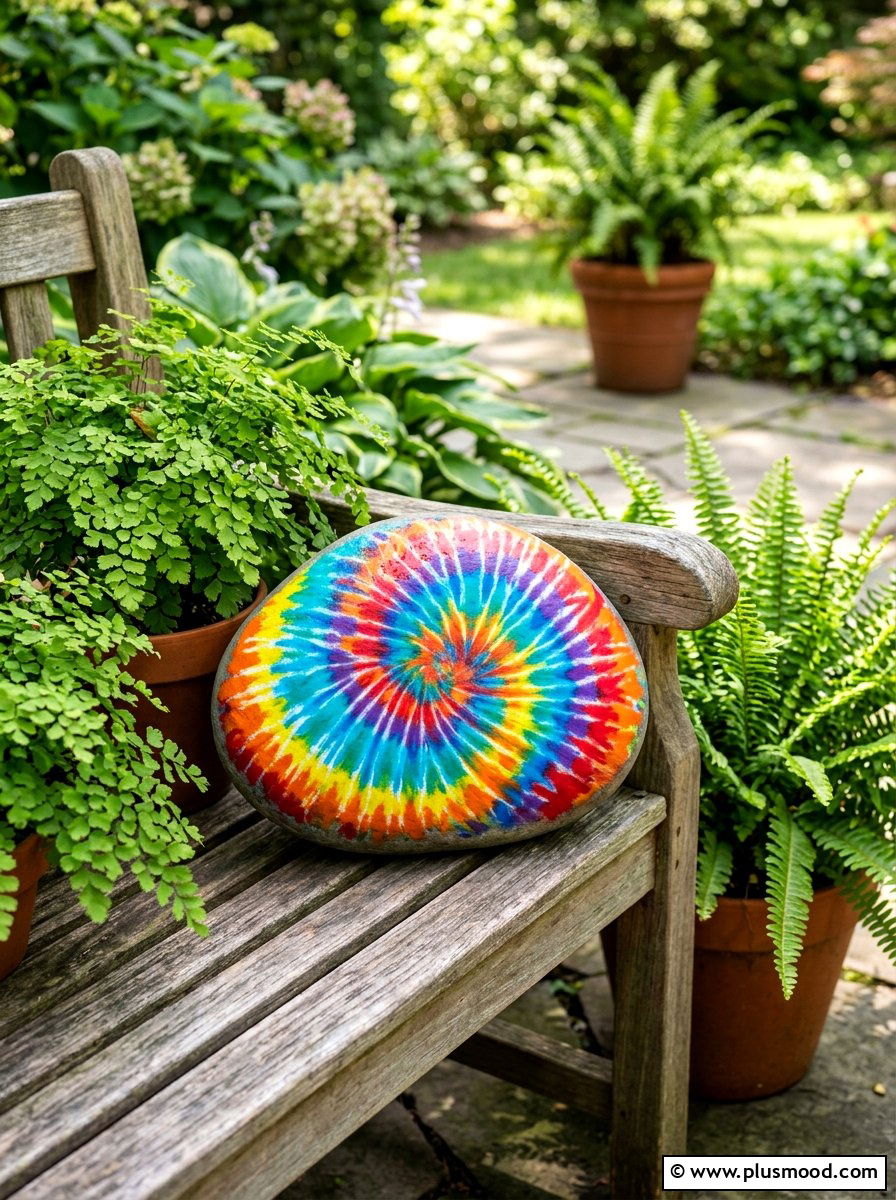 Rainbow tie dye rock painting - 25 painted rock ideas with tie dye effect