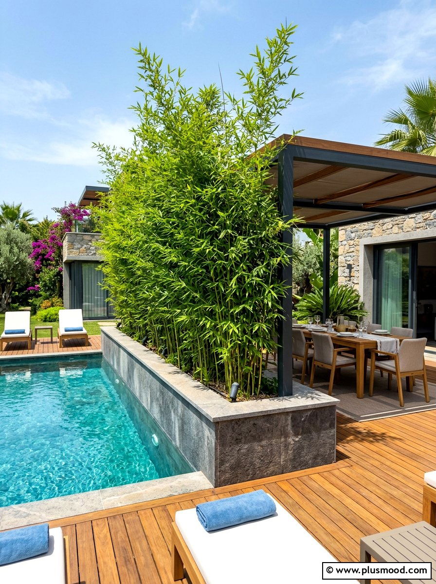 Raised Bamboo Bed Poolside - 25 pool landscaping ideas with bamboo