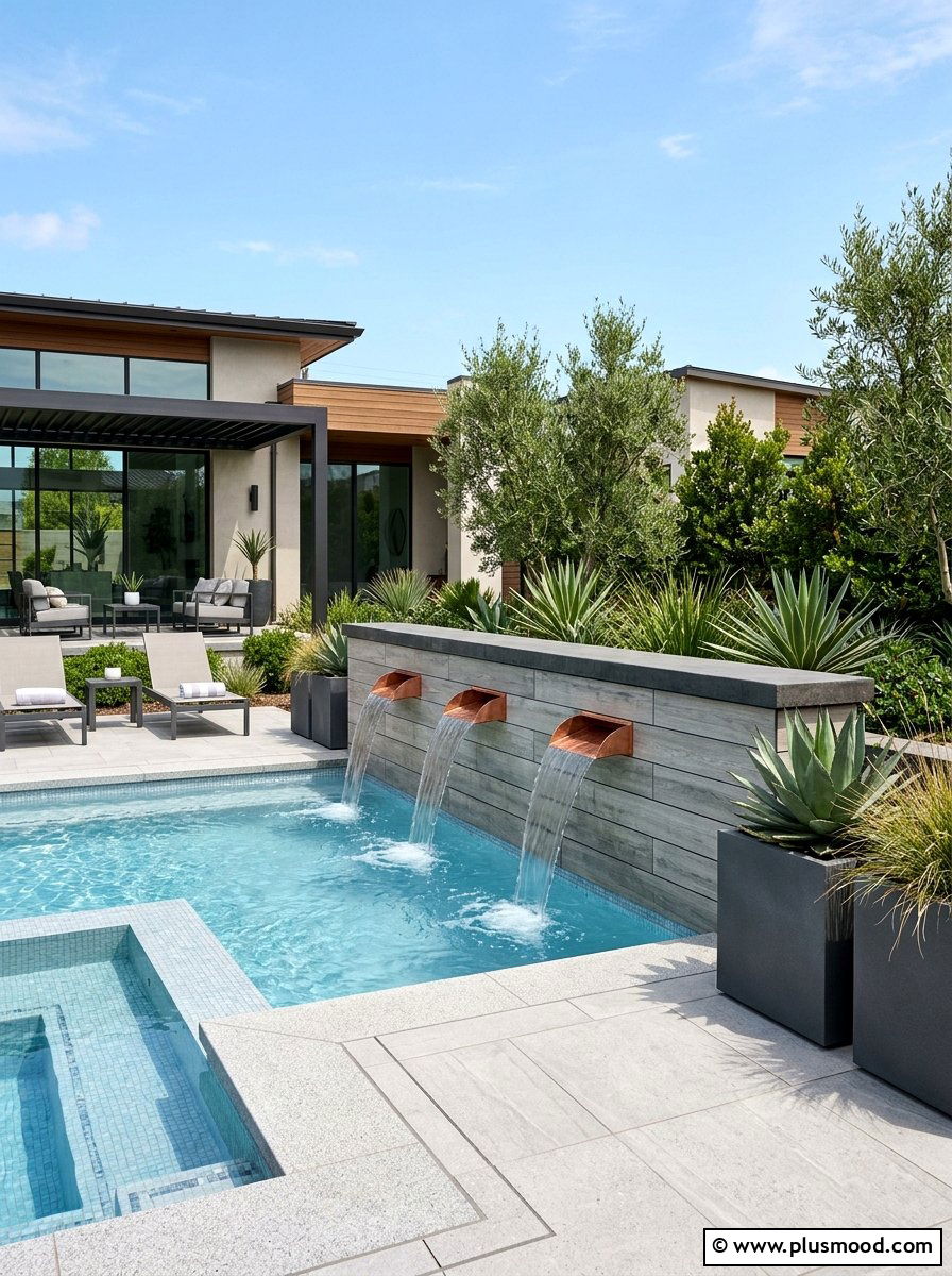 Raised Beam Pool Waterfall - 25 pool landscaping ideas with waterfalls