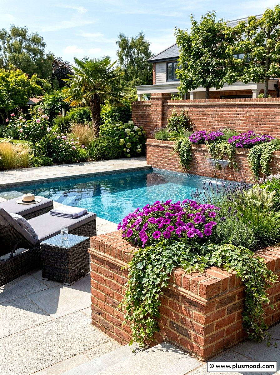 Raised Brick Planter Near Pool - 25 pool landscaping ideas with brick edging