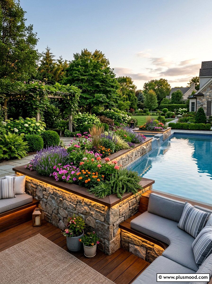 Raised Pool Planters - 25 pool landscaping ideas with lighting