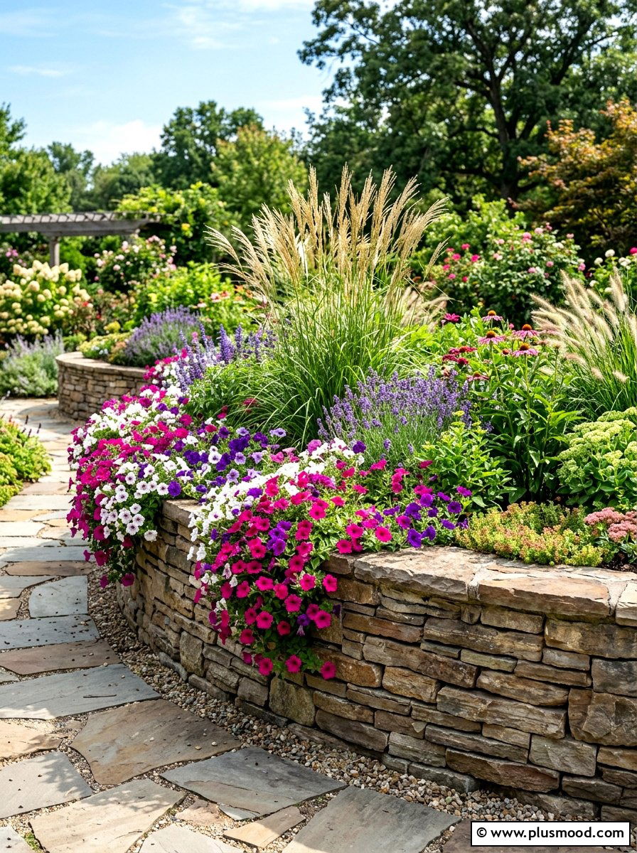 Raised Stone Bed - 25 summer layered flower bed ideas