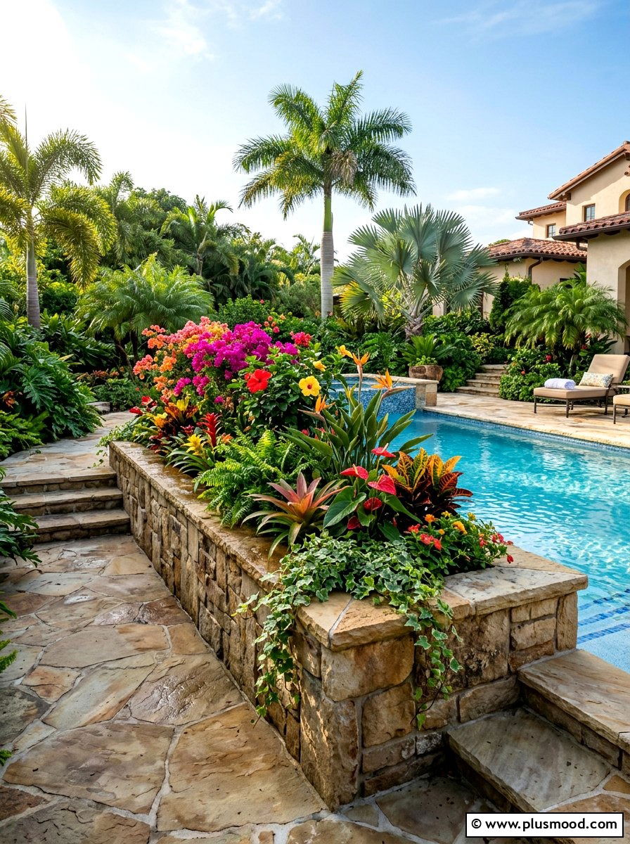 Raised Stone Pool Planter - 25 pool landscaping ideas with stone walls