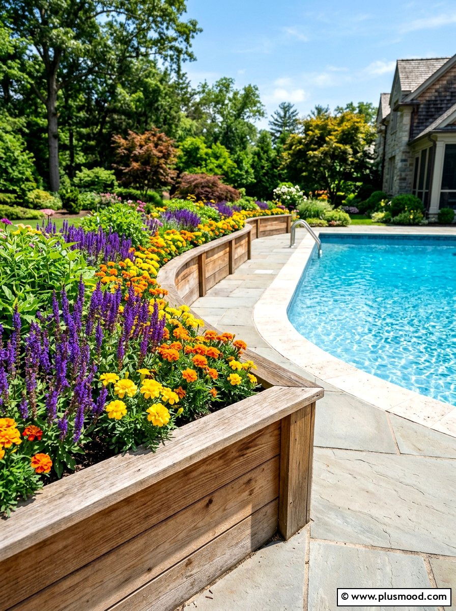 Raised flower bed pool surround - 25 pool landscaping ideas for above ground pools