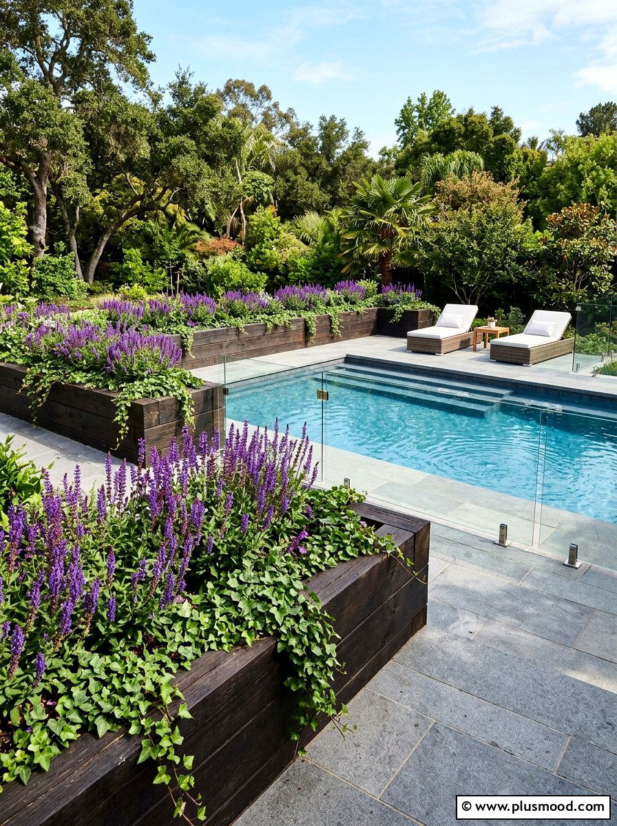 Raised garden beds around pool - 25 pool landscaping ideas with flower beds